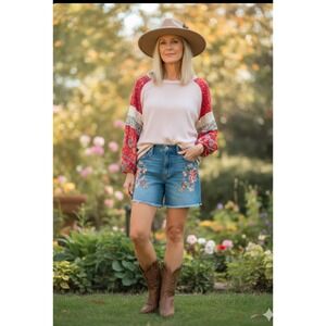 In Loom Mixed Print Floral Raglan Sleeve Waffle Knit Thermal Top Pink Red Medium